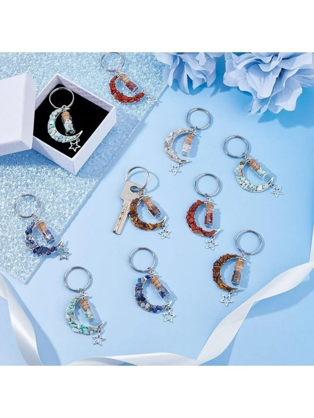 15Pcs Crescent Moon Keychains with Gemstone Charms & Glass Wish Jar - Unique
